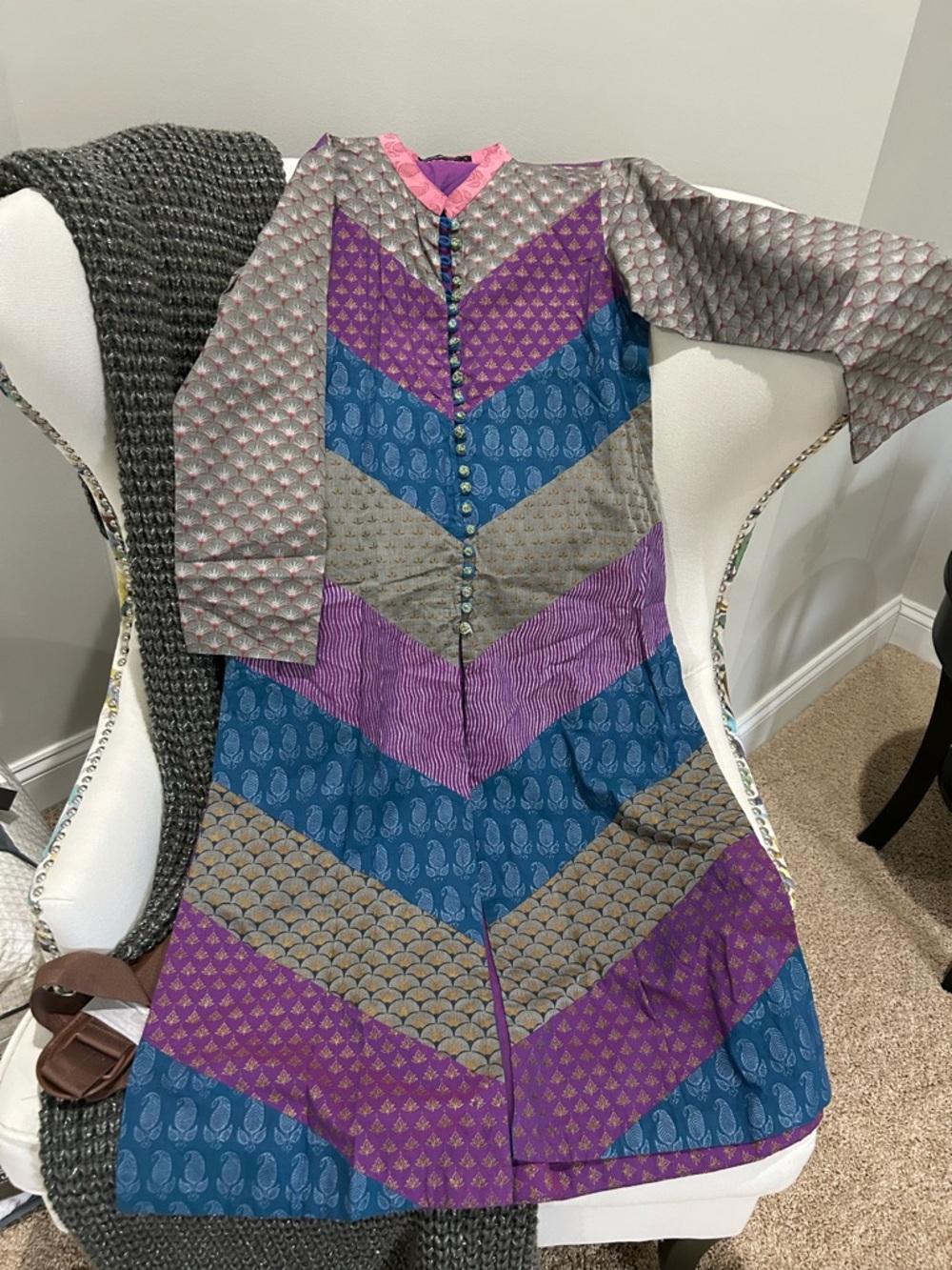Multicolor Chevron Patchwork Long Jacket - Blue, Purple, Gray